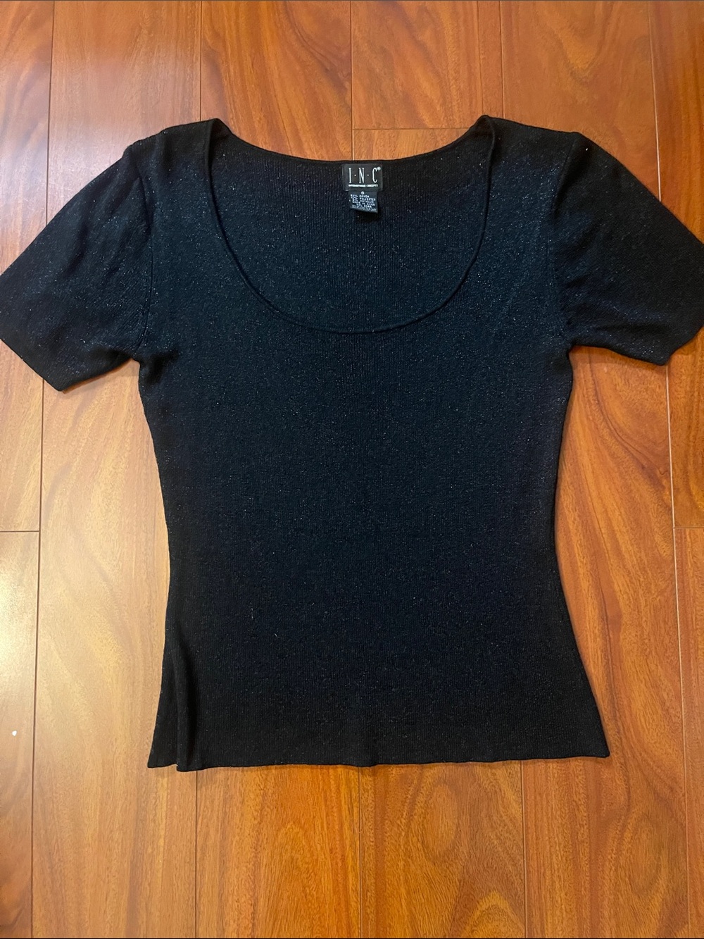 INC International Concepts Black Scoop Neck Short Sleeve Top with Subtle Sheen